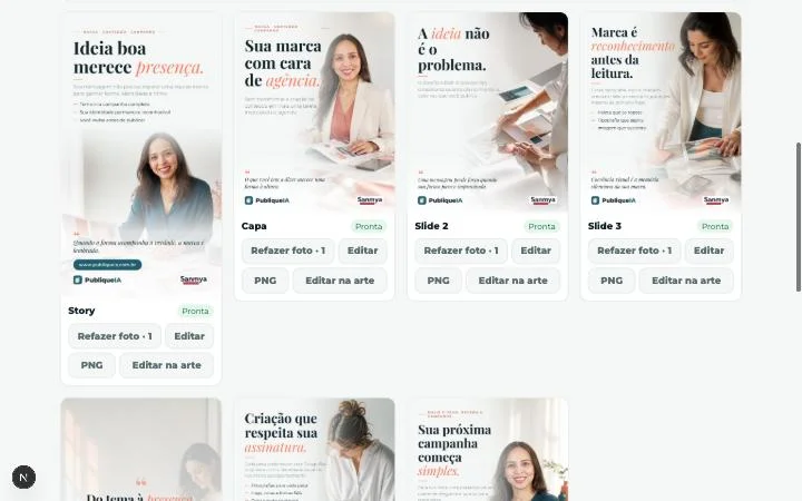 Tela de uma campanha no PubliqueIA, com Story e slides prontos