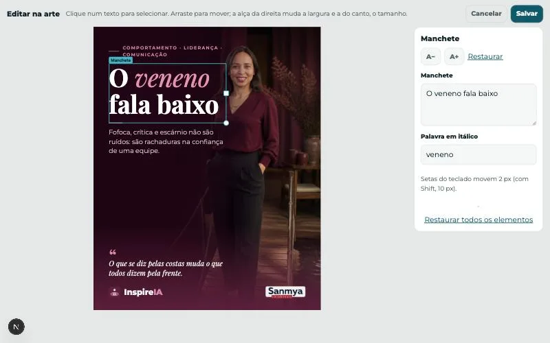 Editor do PubliqueIA com a manchete selecionada sobre a arte